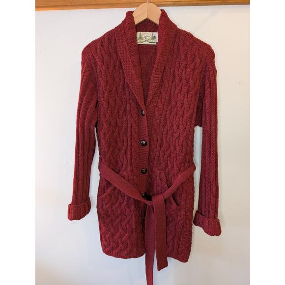 Aran Crafts Sweaters - Aran Crafts Ireland Burgundy Cable Knit Belted Cardigan Made in Ireland XS